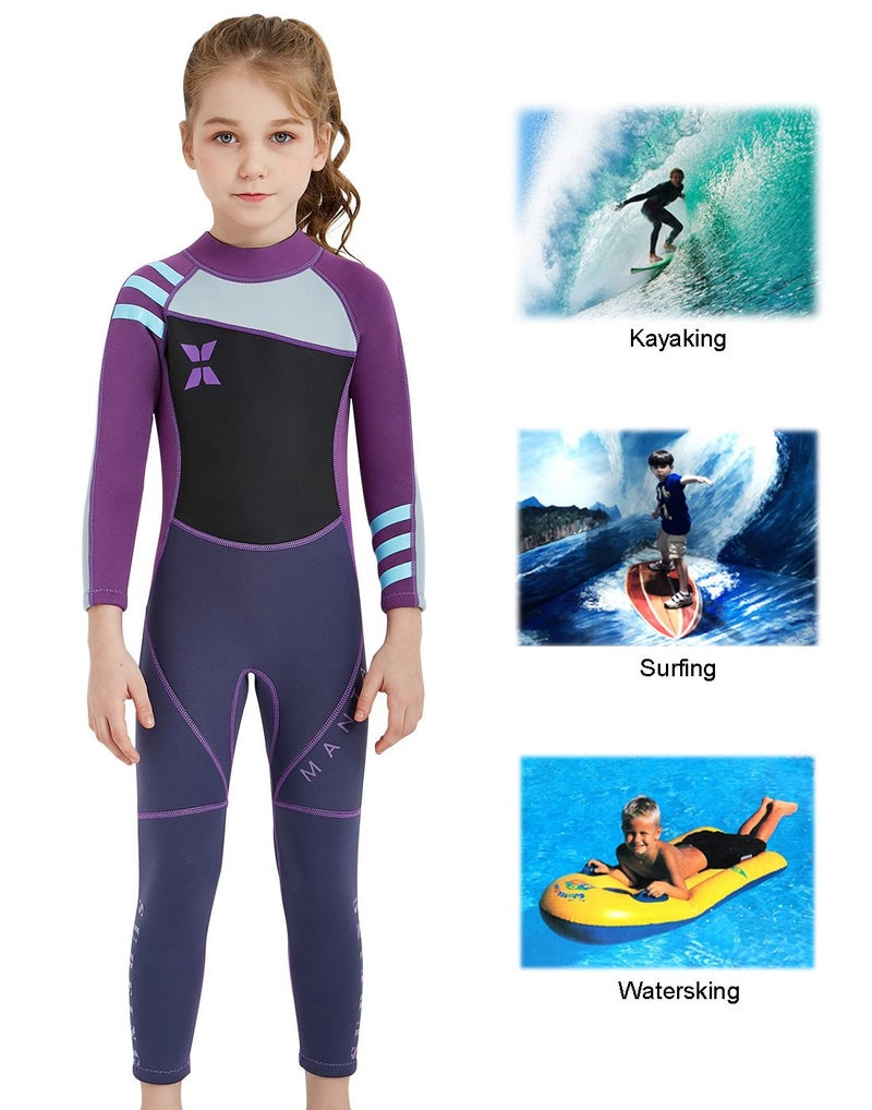 DIVE & SAIL Kids Wetsuit Long Sleeve One Piece Swimsuit UPF 50+ Sun Protection Warm Stretchy Swimwear Sunsuit Purple M - Image 2